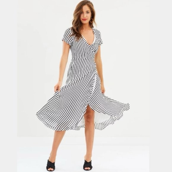 Bardot Black & White Striped Wrap Maxi Dress - Size US 6 - Picture 1 of 15